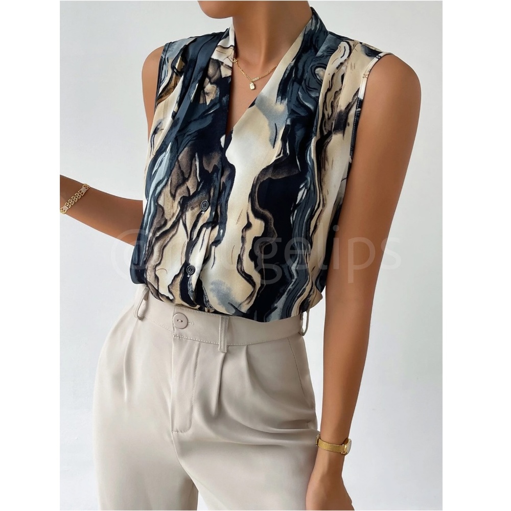 Marble Print Button Down Collared Sleeveless Blouse Top - Picture 7 of 9